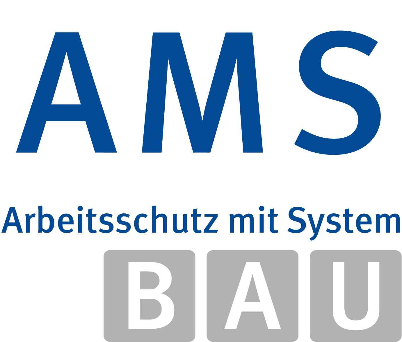 Logo von AMS Bau mit dem Schriftzug 'Arbeitsschutz mit System' in blauer und grauer Schrift auf weißem Hintergrund.
